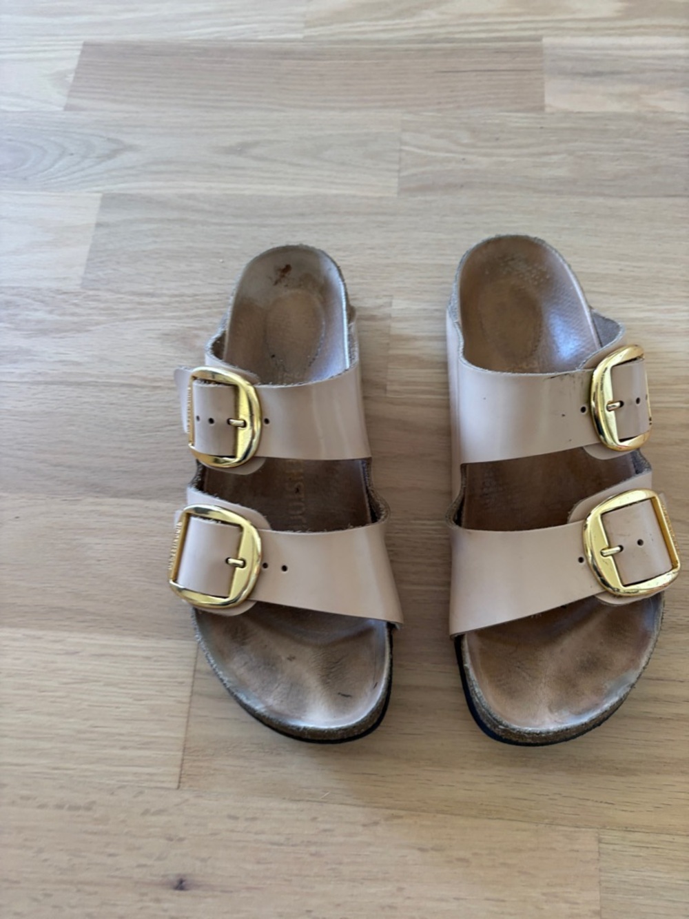 Birkenstock high shine beige Slide Sandals with Gold Buckles size 37